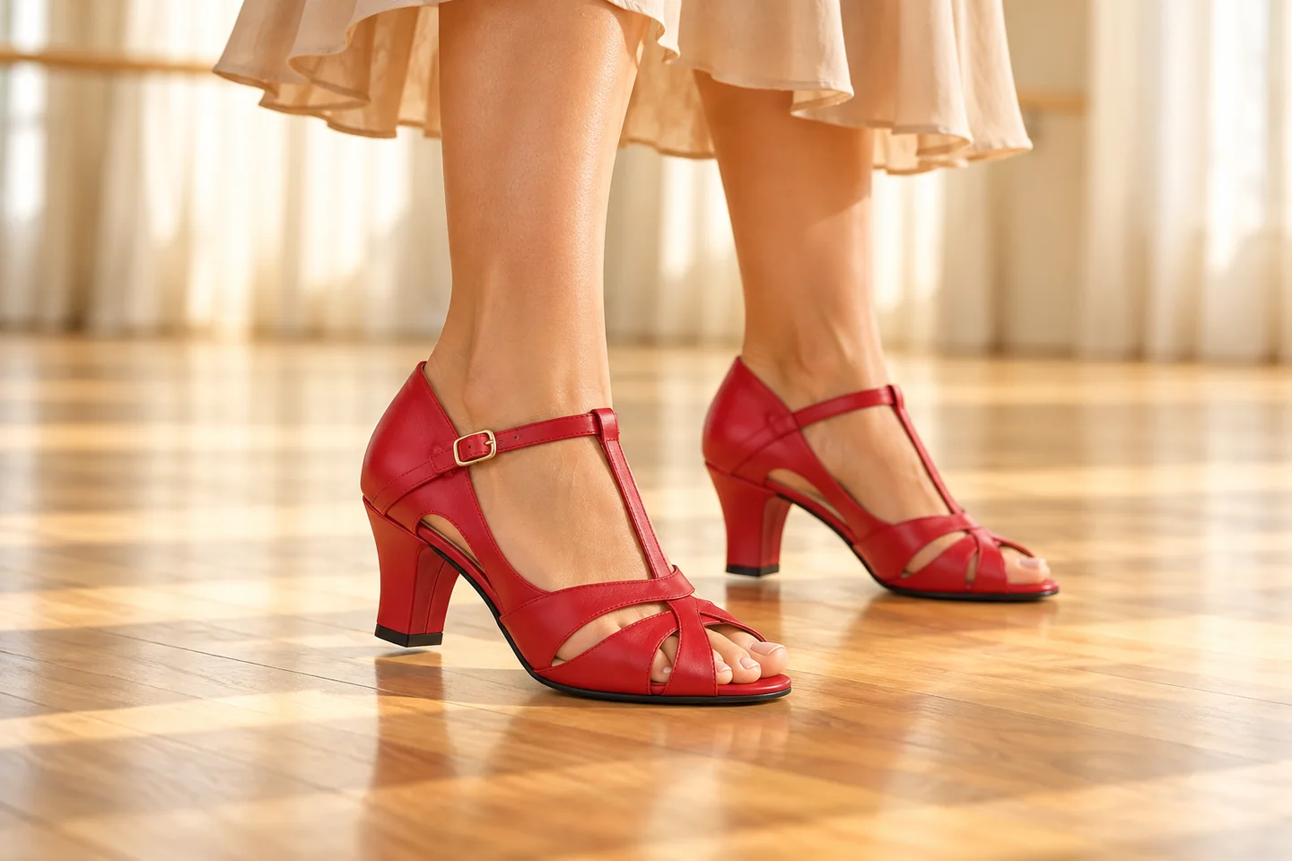 Mulher usando a sandália 172 vermelha em um salão de dança.