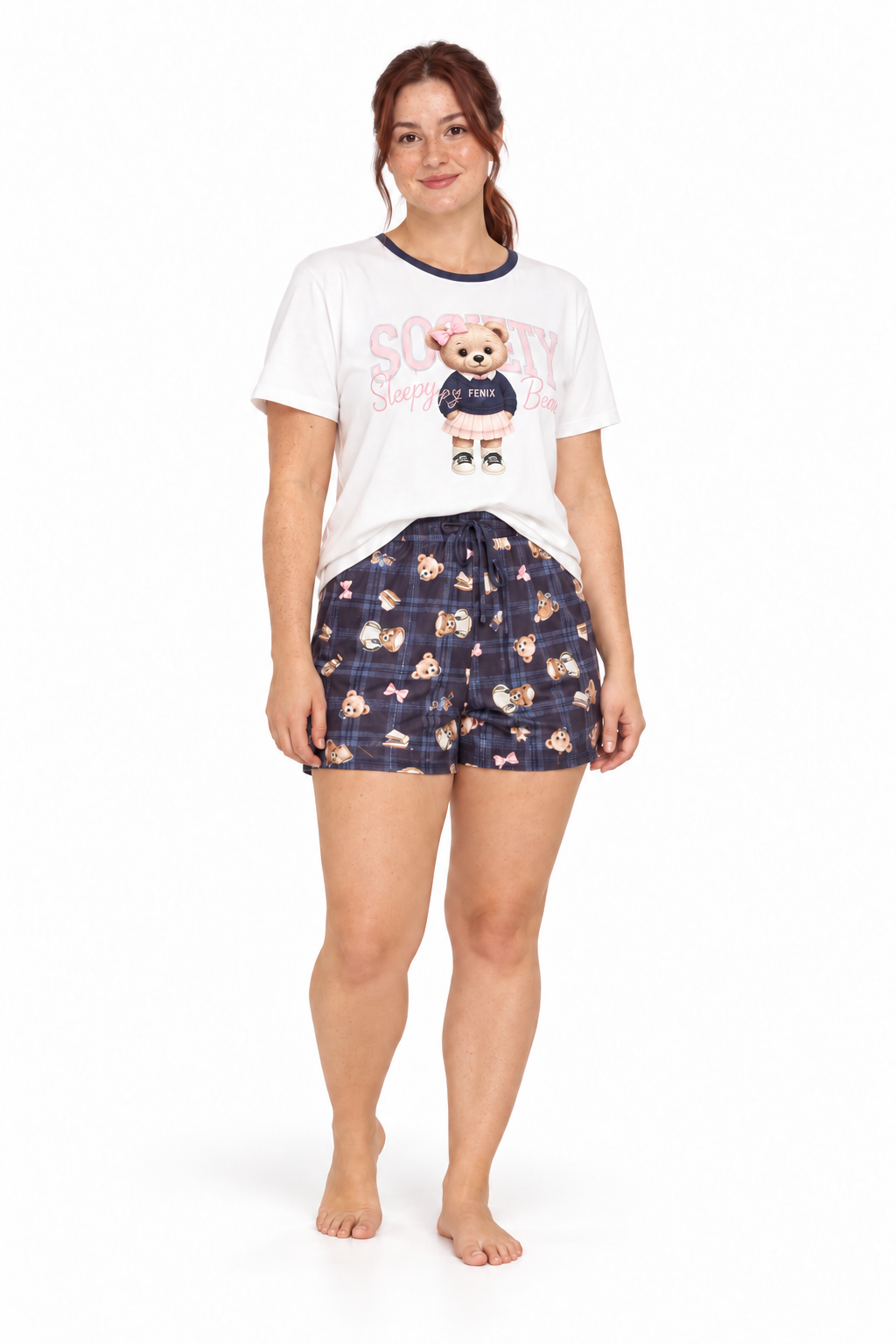 Pijama Society Bear Feminino Fênix · Branco e azul · 5028