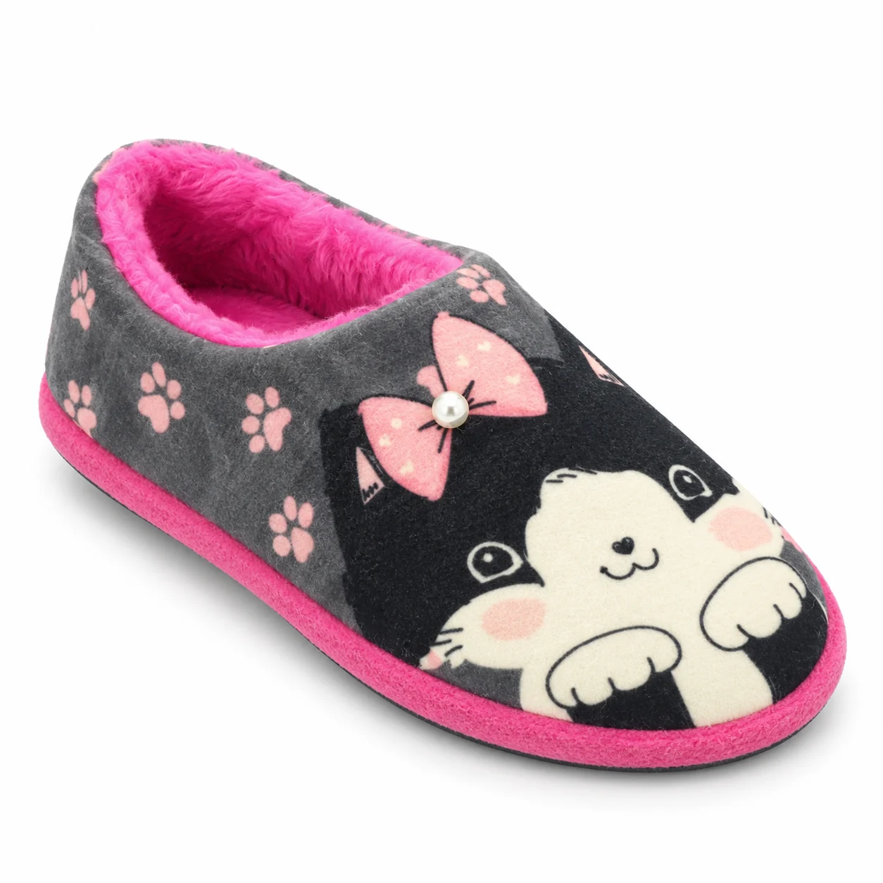 Pantufa Feminina em Tecido Katurê · Cinza e rosa · 607