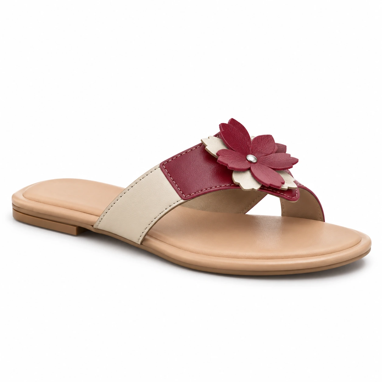 Chinelo Flor Greicy · Bege com flor bordô · 038